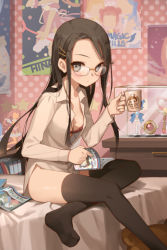 Rule 34 | 1girl, bed, black hair, black thighhighs, book, bra, collarbone, crossed legs, cup, dress shirt, expressionless, glasses, green eyes, hair ornament, hairpin, heart, holding, layna scentriver, lingerie, long hair, looking at viewer, lowres, nearly naked shirt, no pants, no shoes, on bed, open book, parted bangs, pink hair, polka dot, poster (medium), poster (object), red hair, salt (salty), shirt, sitting, solo, stuffed animal, stuffed toy, sword girls, teddy bear, thighhighs, underwear, wand