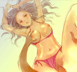 Rule 34 | 1girl, armpits, arms up, bad id, bad pixiv id, bikini, bikini bottom aside, bikini pull, blush, grabbing another&#039;s breast, breasts, breasts out, clothes pull, clothing aside, grabbing, large breasts, long hair, looking at viewer, navel, nipples, open mouth, original, penis, ri-ko, sex, side-tie bikini bottom, silver hair, sketch, solo focus, swimsuit, swimsuit aside, uncensored, vaginal