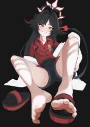 Rule 34 | 1girl, absurdres, ahoge, black background, black hair, black horns, black shorts, black tail, blue archive, blush, coat, collared shirt, demon horns, flat chest, grin, hair intakes, halo, highres, horns, kasumi (blue archive), lab coat, lan mao akko, long hair, looking at viewer, red halo, red shirt, shirt, shirt tucked in, shorts, simple background, slippers, smile, solo, toes, white coat, yellow eyes