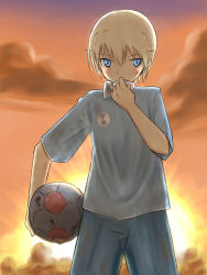 Rule 34 | 10s, 1girl, androgynous, bad id, bad pixiv id, ball, blonde hair, blue eyes, brave witches, cloud, dirty, jersey, nikka edvardine katajainen, pants, pc9656439, reverse trap, short hair, sky, soccer, soccer ball, solo, strike witches, sun, telstar, uniform, world witches series