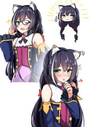 Rule 34 | 1girl, :3, ;d, absurdres, animal ear fluff, animal ears, bare shoulders, bespectacled, black hair, blue-framed eyewear, blue sleeves, blush, bow, cat ears, chibi, closed mouth, detached sleeves, fang, flying sweatdrops, glasses, green eyes, hair between eyes, hair bow, hand on own hip, hand up, heart, highres, karyl (princess connect!), long sleeves, low twintails, moyoron, multicolored hair, multiple views, one eye closed, open mouth, parted lips, princess connect!, purple skirt, red bow, shirt, simple background, skirt, sleeveless, sleeveless shirt, smile, sparkle, streaked hair, thumbs up, twintails, upper body, white background, white hair, white shirt