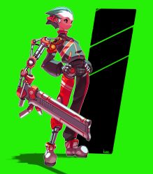Rule 34 | 1girl, absurdres, cyberpunk, cyborg, extra arms, full body, green background, green hair, hair pulled back, hands on own hips, highres, jacket, koutetu yarou, original, pants, prosthesis, prosthetic arm, prosthetic leg, red eyes, shoes, signature, sneakers, solo, standing, track jacket, track pants, track suit, two-tone background