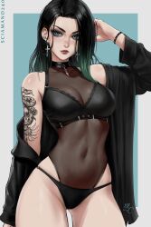 Rule 34 | 1girl, 2023, april (sciamano240), arm tattoo, arm up, artist name, black bra, black choker, black hair, black jacket, black panties, blue background, blue eyes, border, bra, bracelet, breasts, choker, cleavage, closed mouth, commentary, contrapposto, cowboy shot, cross, cross earrings, earclip, earrings, english commentary, eyelashes, goth fashion, gradient hair, green hair, highleg, highleg leotard, highres, jacket, jewelry, lace, lace-trimmed bra, lace trim, large breasts, leotard, long hair, long sleeves, looking at viewer, multicolored hair, navel, off shoulder, open clothes, open jacket, original, outside border, panties, sciamano240, see-through, see-through cleavage, see-through leotard, signature, skull tattoo, snake tattoo, solo, studded bracelet, tattoo, thick lips, underwear, white border