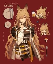 Rule 34 | !, &gt; &lt;, 1girl, :d, ^ ^, alcohol, animal ears, arknights, artist name, beer, beer mug, black dress, brown eyes, brown hair, ceobe (arknights), character name, chibi, closed eyes, closed mouth, commentary, cup, dress, drink, eating, english commentary, excited, food, fork, hair between eyes, hair intakes, hand up, highres, holding, holding drink, holding food, knife, light smile, long hair, long sleeves, looking at viewer, mug, mushroom, open mouth, pinafore dress, plate, potettoe, red background, signature, simple background, sleeveless, sleeveless dress, smile, sparkle, spoon, very long hair, white dress