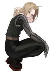 Rule 34 | 1boy, :d, adjusting hair, automail, belt, black footwear, black pants, black shirt, blonde hair, boots, braid, braided ponytail, cbow, edward elric, from side, fullmetal alchemist, hair between eyes, hand up, highres, holding, holding hair, long hair, looking at viewer, looking to the side, male focus, mechanical arms, open mouth, pants, parted bangs, profile, shirt, simple background, single braid, single mechanical arm, sleeveless, sleeveless shirt, smile, solo, squatting, white background, yellow eyes