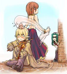 Rule 34 | 1girl, 2boys, anger vein, animal, animal on head, bard, bard (ragnarok online), bird, bird on head, black footwear, blonde hair, blush, bow (music), brick wall, brown capelet, brown eyes, brown footwear, brown gloves, brown hair, brown pants, brown shirt, capelet, chick, closed mouth, coat, commentary request, crack, cracked wall, dancer (ragnarok online), full body, fur-trimmed skirt, fur trim, gloves, green hair, hair between eyes, high priest (ragnarok online), holding, holding bow (music), holding instrument, holding violin, instrument, long bangs, long sleeves, looking at another, looking back, minorigo flow, multicolored coat, multiple boys, music, musical note, on head, open mouth, pants, picky (ragnarok online), playing instrument, pointy ears, ragnarok online, red coat, red skirt, see-through, shawl, shirt, shoes, short bangs, short hair, sitting, skirt, standing, two-tone coat, violin, white coat, yellow eyes