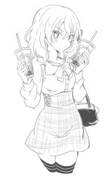 Rule 34 | 1girl, bag, blonde hair, blush, collarbone, cup, drink, girls und panzer, greyscale, handbag, highres, holding, holding cup, itamochi, long sleeves, looking at viewer, medium hair, messy hair, monochrome, oshida (girls und panzer), ribbon, simple background, skirt, solo, standing, thighhighs, white background