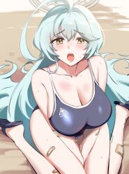 Rule 34 | 1girl, absurdres, abydos high school swimsuit, ahoge, aqua eyes, bandaid, bandaid on arm, bandaid on leg, bare shoulders, between legs, blue archive, blue one-piece swimsuit, blush, breasts, cleavage, collarbone, commentary, halo, hand between legs, highres, kame (addlechicken), large breasts, looking at viewer, one-piece swimsuit, open mouth, outdoors, sitting, solo, swimsuit, tearing up, wariza, yellow eyes, yume (blue archive)