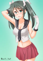 Rule 34 | 1girl, agano (kancolle), agano (kancolle) (cosplay), anchor symbol, anti (untea9), black necktie, black sailor collar, commentary request, cosplay, cowboy shot, gradient background, green background, green eyes, grey hair, highres, isuzu (kancolle), kantai collection, long hair, looking at viewer, navel, necktie, sailor collar, sailor shirt, shirt, sleeveless, sleeveless shirt, solo, standing, twintails, twitter username