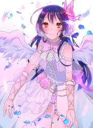 Rule 34 | 10s, angel wings, arm ribbon, arm strap, bad id, bad pixiv id, blue hair, blush, bow, butterfly hair ornament, feathers, flower, frills, hair ornament, hairclip, headset, highres, long hair, looking at viewer, love live!, love live! school idol festival, love live! school idol project, orange eyes, petals, ribbon, rose, satoimo chika, shirt, shorts, sleeveless, sleeveless shirt, smile, solo, sonoda umi, very long hair, wings