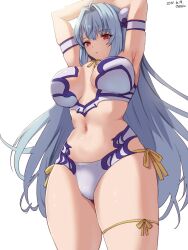 Rule 34 | 1girl, android, armpits, arms up, bikini, blue hair, breasts, cleavage, closed mouth, cowboy shot, from below, highres, kos-mos, large breasts, long hair, looking at viewer, navel, red eyes, revision, simple background, solo, swimsuit, underboob, very long hair, white background, xenosaga, xenosaga episode i, yamamori kinako