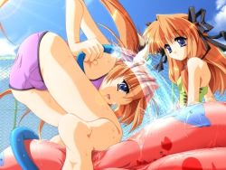 Rule 34 | 2girls, ass, bent over, blue eyes, casual one-piece swimsuit, chain-link fence, fence, game cg, hair ribbon, hose, light rays, multiple girls, niji no kanata ni, one-piece swimsuit, orange hair, ribbon, sunbeam, sunlight, swimsuit, trefoil, twintails, wading pool