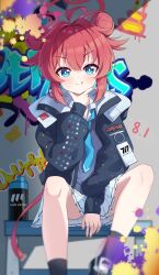 Rule 34 | 1girl, :q, absurdres, ahoge, black jacket, black socks, blue archive, blue eyes, blue necktie, blush, bright pupils, commentary, double bun, exusiai dust, grey shirt, hair bun, halo, highres, jacket, long sleeves, looking at viewer, maki (blue archive), necktie, paint, paint splatter, pleated skirt, red hair, red halo, shirt, shoes, short hair, sitting, skirt, socks, thighs, tongue, tongue out, white pupils, white skirt