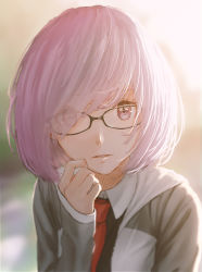 1girl bad_id bad_pixiv_id black-framed_eyewear fate/grand_order fate_(series) glasses hair_over_one_eye hood hoodie jizell looking_at_viewer mash_kyrielight necktie parted_lips pink_eyes pink_hair short_hair solo