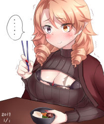 Rule 34 | ..., 1girl, 2017, black sweater, blush, bowl, bra, breast tattoo, breasts, carrot, cleavage, comic, commentary request, dated, drill hair, eating, egg, embarrassed, food, hanten (clothes), hanten (hanten1059), highres, large breasts, long hair, long sleeves, meme attire, mushroom, nail polish, neit ni sei, new year, open-chest sweater, original, pink eyes, pink hair, ribbed sweater, spoken ellipsis, sweat, sweater, nervous sweating, tattoo, torn bra, torn clothes, translation request, trembling, twin drills, underwear, zouni soup