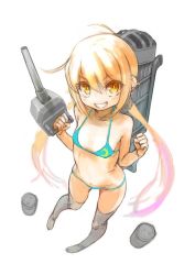 Rule 34 | 10s, 1girl, bad id, bad twitter id, bare shoulders, bikini, black thighhighs, blonde hair, blue bikini, blush, breasts, chikuwa (tks), crescent, crescent moon, from above, grin, groin, hair between eyes, holding, kantai collection, long hair, machinery, moon, navel, over-kneehighs, satsuki (kancolle), simple background, small breasts, smile, solo, standing, swimsuit, thighhighs, turret, twintails, white background, yellow eyes