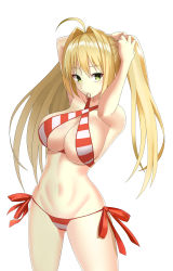 1girl absurdres adjusting_hair ahoge bikini blonde_hair breasts fate/grand_order fate_(series) female_focus green_eyes hair_intakes halterneck highres large_breasts long_hair looking_at_viewer mouth_hold navel nemurinemuri nero_claudius_(fate) nero_claudius_(swimsuit_caster)_(fate) side-tie_bikini_bottom simple_background solo striped_bikini striped_clothes swimsuit twintails white_background