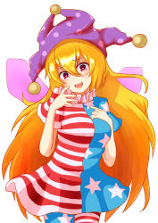 Rule 34 | 1girl, absurdres, american flag dress, american flag legwear, bad id, bad pixiv id, blonde hair, check commentary, clownpiece, commentary request, cowboy shot, eyebrows, finger to face, hair between eyes, hand on own chest, hat, heart, heart-shaped pupils, highres, jester cap, long hair, looking at viewer, n2 bakudan (cskf5216), open mouth, pantyhose, pink eyes, simple background, solo, symbol-shaped pupils, touhou, very long hair, wavy mouth, white background