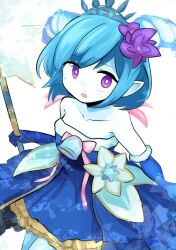 Rule 34 | 1girl, akagami (feat akagami), bare shoulders, blue dress, blue hair, collarbone, colored skin, dress, flower, from above, hair flower, hair ornament, holding, horns, looking at viewer, original, pointy ears, purple eyes, sheep horns, sleeveless, sleeveless dress, solo, white skin