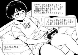 Rule 34 | 1girl, androgynous, couch, dutch angle, expressionless, greyscale, highres, monochrome, noe aoikaba, original, playstation controller, shirt, sitting, solo, t-shirt, tomboy, translation request