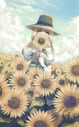Rule 34 | 1girl, absurdres, bare shoulders, black cat, black ribbon, blonde hair, blue sky, blurry, bright pupils, brown hat, cat, cloud, commentary request, covered mouth, day, dress, dutch angle, field, flower, flower field, flower over mouth, frilled dress, frilled sleeves, frills, hands up, hat, hat ribbon, highres, holding, holding flower, long hair, looking at viewer, low twintails, nakamura haco, off-shoulder dress, off shoulder, original, outdoors, puffy short sleeves, puffy sleeves, ribbon, short sleeves, sky, solo, standing, straw hat, summer, sundress, sunflower, sunflower field, twintails, watch, white pupils, wristwatch, yellow eyes, yellow flower