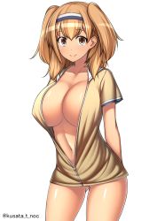 Rule 34 | 10s, 1girl, arms behind back, blonde hair, breasts, brown eyes, brown jacket, cleavage, collarbone, covered erect nipples, cowboy shot, hairband, highres, i-26 (kancolle), jacket, kantai collection, large breasts, light brown hair, long hair, looking at viewer, nakamura kusata, navel, no bra, no panties, open clothes, open jacket, partially unzipped, shiny skin, simple background, smile, solo, standing, stomach, tareme, twitter username, two side up, white background, zipper