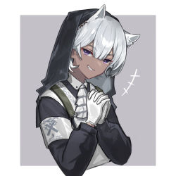 Rule 34 | +++, 1girl, animal ears, arknights, armband, ascot, border, cropped torso, dark-skinned female, dark skin, gloves, grey background, grey hair, grin, habit, highres, horse ears, long sleeves, mabing, nun, official alternate costume, outside border, own hands clasped, own hands together, parted lips, purple eyes, short hair, simple background, smile, solo, tuye (arknights), tuye (cultivate vegetation) (arknights), upper body, v-shaped eyebrows, white ascot, white border, white gloves