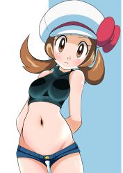 Rule 34 | 1girl, blush, breasts, brown eyes, brown hair, cabbie hat, closed mouth, commentary, creatures (company), game freak, hainchu, hat, hat ribbon, highres, long hair, looking at viewer, lyra (pokemon), midriff, navel, nintendo, pokemon, pokemon hgss, ribbed sweater, ribbon, shorts, sleeveless, solo, sweater, twintails