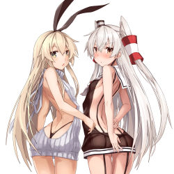 Rule 34 | &gt;:&lt;, 10s, 2girls, :&lt;, adapted costume, amatsukaze (kancolle), aran sweater, arched back, arm at side, arms behind back, ass, back, backless dress, backless outfit, bare arms, bare back, bare shoulders, black dress, black panties, black ribbon, blonde hair, blush, breasts, brown eyes, butt crack, cable knit, chestnut mouth, closed mouth, cowboy shot, dress, eyelashes, from behind, garter straps, grey sweater, hair between eyes, hair ribbon, hair tubes, hairband, halterneck, highleg, highleg panties, highres, kantai collection, lifebuoy, long hair, looking at viewer, looking back, meme attire, multiple girls, open mouth, panties, ribbed sweater, ribbon, sailor collar, see-through, shimakaze (kancolle), short dress, side-tie panties, sideboob, silver hair, simple background, small breasts, sweater, sweater dress, swim ring, takanashie, thigh gap, thong, turtleneck, turtleneck sweater, two side up, underwear, v-shaped eyebrows, very long hair, virgin killer sweater, wavy eyebrows, white background, yellow eyes