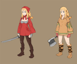 Rule 34 | 1girl, agrias oaks, blonde hair, braid, brown background, fgz, final fantasy, final fantasy tactics, full body, holding, holding sword, holding weapon, long hair, multiple views, pantyhose, simple background, standing, sword, weapon