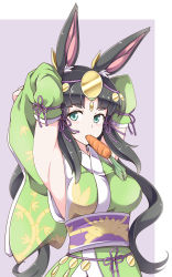 Rule 34 | 1girl, animal ears, aqua eyes, armpits, arms up, black hair, carrot, detached sleeves, flan (zhd91), hair ornament, highres, japanese clothes, kaguya-hime (p&amp;d), long hair, looking at viewer, mouth hold, purple background, puzzle &amp; dragons, rabbit ears, simple background, solo, wide sleeves