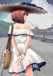 Rule 34 | 1girl, adapted turret, brown eyes, brown hair, cannon, cowboy shot, day, dress, hat, highres, kagutsuchi (victoragna), kantai collection, official alternate costume, outdoors, short hair, sleeveless, sleeveless dress, solo, standing, straw hat, sun hat, sundress, torpedo, white dress, yukikaze (kancolle)
