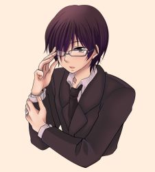 Rule 34 | 00s, 02190513, 1boy, aged up, black hair, blush, brown eyes, formal, glasses, hair over one eye, ikezawa kazuma, jewelry, male focus, necktie, open mouth, ring, short hair, simple background, solo, suit, summer wars
