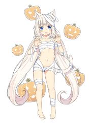 Rule 34 | 10s, 1girl, animal ears, bandages, barefoot, blue eyes, blunt bangs, breasts, cat ears, cat tail, chest sarashi, chestnut mouth, claw pose, collarbone, commentary, commission, english commentary, fang, feet, full body, hair ribbon, halloween, highres, jack-o&#039;-lantern, long hair, looking at viewer, low twintails, minimimineko, mummy costume, naked bandage, navel, nekopara, open mouth, ribbon, sarashi, simple background, small breasts, solo, stomach, tail, toes, twintails, vanilla (nekopara), very long hair, white background, white ribbon