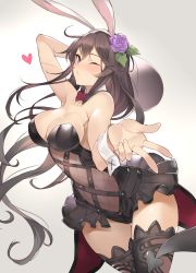 Rule 34 | 1girl, absurdres, alternate costume, animal ears, arm up, bare shoulders, black leotard, black thighhighs, blue eyes, blush, bow, bowtie, breasts, brown hair, cleavage, closed mouth, commentary request, covered navel, cowboy shot, detached collar, duplicate, fake animal ears, female focus, floating hair, flower, frilled leotard, frills, gradient background, granblue fantasy, hair between eyes, hair flower, hair ornament, hairband, hand up, heart, highres, holding, holding tray, kakage, large breasts, leotard, lips, long hair, looking at viewer, one eye closed, playboy bunny, psd available, purple flower, purple rose, rabbit ears, red bow, rose, rosetta (all her jazz) (granblue fantasy), rosetta (granblue fantasy), see-through, solo, standing, strapless, strapless leotard, thighhighs, thighs, tray, tsurime, very long hair, wrist cuffs
