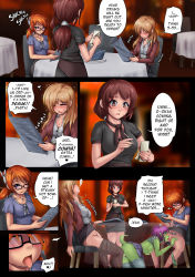 Rule 34 | 4girls, animeflux, blonde hair, blush, borrowed character, brown eyes, brown hair, rabbit hair ornament, clothes lift, clothes pull, colored skin, comic, commentary, cunnilingus, dragon girl, eleanor (animeflux), english text, closed eyes, female orgasm, giving up the ghost, glasses, green skin, hair ornament, heart, highres, long hair, lucene (lunetax), menu, multiple girls, no panties, one eye closed, oral, orgasm, original, panties, panties around leg, panty pull, pantyhose, pantyhose pull, pointy ears, pun, purple eyes, purple hair, pussy, pussy juice, red eyes, red hair, restaurant, rose (animeflux), seki (animeflux), short hair, short twintails, sitting, skirt, skirt lift, spread legs, stealth sex, tail, thighhighs, tongue, tongue out, trembling, twintails, uncensored, under table, underwear, waitress, x-ray, yuri