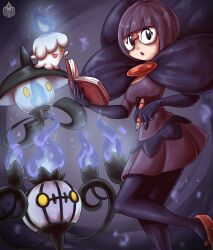 Rule 34 | 1girl, black bow, black gloves, black pantyhose, blunt bangs, bob cut, book, bow, breasts, chandelure, cleavage, creatures (company), elbow gloves, elcajarito, evolutionary line, game freak, gen 5 pokemon, glasses, gloves, highres, holding, holding book, holding pen, lampent, large bow, litwick, mary janes, medium breasts, nintendo, pantyhose, pen, pokemon, pokemon (creature), pokemon bw, purple eyes, purple hair, purple skirt, round eyewear, shauntal (pokemon), shoes, skirt