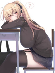 Rule 34 | 1girl, ?, absurdres, black cardigan, black skirt, black thighhighs, blazer, blonde hair, breasts, cardigan, cleavage, collar, collared shirt, commentary request, double v, garter straps, high ponytail, highres, huge breasts, jacket, kubiwa (kutan), kutan, leaning on table, long hair, long sleeves, looking at viewer, original, pleated skirt, red collar, school uniform, shirt, simple background, sitting, skirt, spoken question mark, thighhighs, uniform, v, white background, white shirt