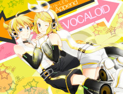 Rule 34 | 1boy, 1girl, absurdres, ahoge, aqua eyes, arm warmers, bad id, bad pixiv id, bare shoulders, blonde hair, blue eyes, brother and sister, detached sleeves, hair ornament, hair ribbon, hairclip, holding hands, headphones, hetero, highres, kagamine len, kagamine len (append), kagamine rin, kagamine rin (append), kanade (reveryearth), leg warmers, looking back, nail polish, navel, one eye closed, revery earth, ribbon, short hair, shorts, siblings, smile, twins, vocaloid, vocaloid append, wink