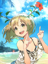 Rule 34 | 1girl, bare shoulders, beach, blonde hair, blue sky, day, flower, green eyes, hibiscus, hide (hideout), highres, looking at viewer, open mouth, original, outdoors, palm tree, short hair, sky, solo, tree