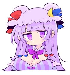 Rule 34 | 1girl, blue bow, blunt bangs, bow, breasts, bun cover, cleavage, crescent, crescent hat ornament, double bun, dress, hair bow, hair bun, hat, hat bow, hat ornament, highres, large breasts, long hair, looking at viewer, mob cap, op na yarou, patchouli knowledge, purple dress, purple eyes, purple hair, purple hat, red bow, simple background, solo, striped clothes, striped dress, touhou, v-shaped eyebrows, vertical-striped clothes, vertical-striped dress, very long hair, white background