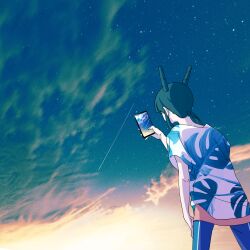 Rule 34 | 1girl, absurdres, akroglam, cellphone, cloud, cone hair bun, cowboy shot, double bun, facing away, floral print, from behind, hair bun, highres, holding, holding phone, long hair, nina (akroglam), official art, outdoors, pants, phone, second-party source, shirt, short sleeves, sky, solo, standing, star (sky), starry sky, taking picture