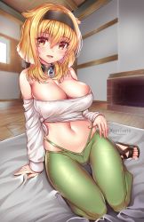Rule 34 | 1girl, bare shoulders, black collar, black hairband, blonde hair, blush, bow, breasts, cameltoe, cleavage, collar, commentary, female focus, full body, green pants, hair bow, hair flaps, hairband, highres, indoors, isekai meikyuu de harem wo, kaptivate, kneeling, large breasts, long hair, long sleeves, looking at viewer, navel, pants, red eyes, roxanne (isekai meikyuu de harem wo), shirt, sitting, skindentation, smile, solo, stomach, white shirt
