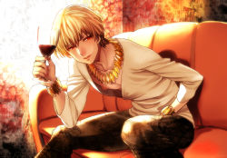 Rule 34 | 1boy, alcohol, blonde hair, bracelet, cup, drinking glass, fate/stay night, fate/zero, fate (series), gilgamesh (fate), jewelry, male focus, necklace, nipples, official alternate costume, open mouth, red eyes, riko (k riko), short hair, sitting, smile, snakeskin, snakeskin print, solo, wine, wine glass