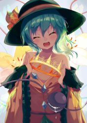 Rule 34 | 1girl, ^ ^, ^o^, bare shoulders, black hat, blush, bow, bowler hat, buttons, closed eyes, collarbone, crown, eyebrows, flat chest, flower, frilled sleeves, frills, green hair, hat, hat bow, head tilt, holding, igayan, jacket, komeiji koishi, long sleeves, open clothes, open jacket, short hair, solo, string, teardrop, tears, third eye, touhou, wide sleeves, yellow bow, yellow flower, yellow jacket