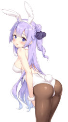 Rule 34 | 1girl, alternate costume, animal ears, ass, azur lane, bare shoulders, blush, breasts, commentary request, detached collar, fake animal ears, fake tail, hair bun, hair ribbon, highres, leotard, long hair, looking at viewer, medium breasts, pantyhose, parted lips, playboy bunny, purple eyes, purple hair, rabbit ears, rabbit tail, ribbon, side bun, single hair bun, single side bun, solo, strapless, strapless leotard, sweat, tail, unicorn (azur lane), very long hair, white leotard, wing collar, yamasan