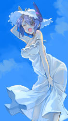 Rule 34 | 10s, 1girl, :d, alternate costume, blue theme, breasts, dress, eyepatch, closed eyes, hat, headgear, kantai collection, large breasts, nonco, open mouth, panties, personification, see-through silhouette, short hair, sketch, smile, solo, strap slip, sun hat, sundress, tenryuu (kancolle), underwear, white panties