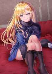 Rule 34 | 1girl, black hat, blonde hair, blue coat, blue jacket, brown gloves, clothes pull, coat, commentary request, donkikong (pixiv17278003), fate/grand order, fate (series), fur-trimmed coat, fur trim, gloves, hat, highres, jacket, long hair, looking at viewer, lord el-melloi ii case files, pantyhose, pantyhose pull, reines el-melloi archisorte, sitting, smile, solo, undressing, unworn hat, unworn headwear