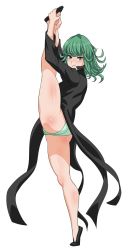 Rule 34 | 1girl, ass, black dress, closed mouth, curly hair, dress, full body, green eyes, green hair, green panties, leg up, legs, long sleeves, looking at viewer, matching hair/eyes, one-punch man, panties, shoes, short hair, simple background, smile, solo, standing, standing on one leg, tatsumaki, thelorope, underwear, white background