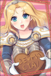 Rule 34 | 1girl, :o, armor, blonde hair, blue eyes, blush, chocolate, dakun, hairband, heart, league of legends, long hair, looking at viewer, lux (league of legends), solo, striped, striped background, valentine